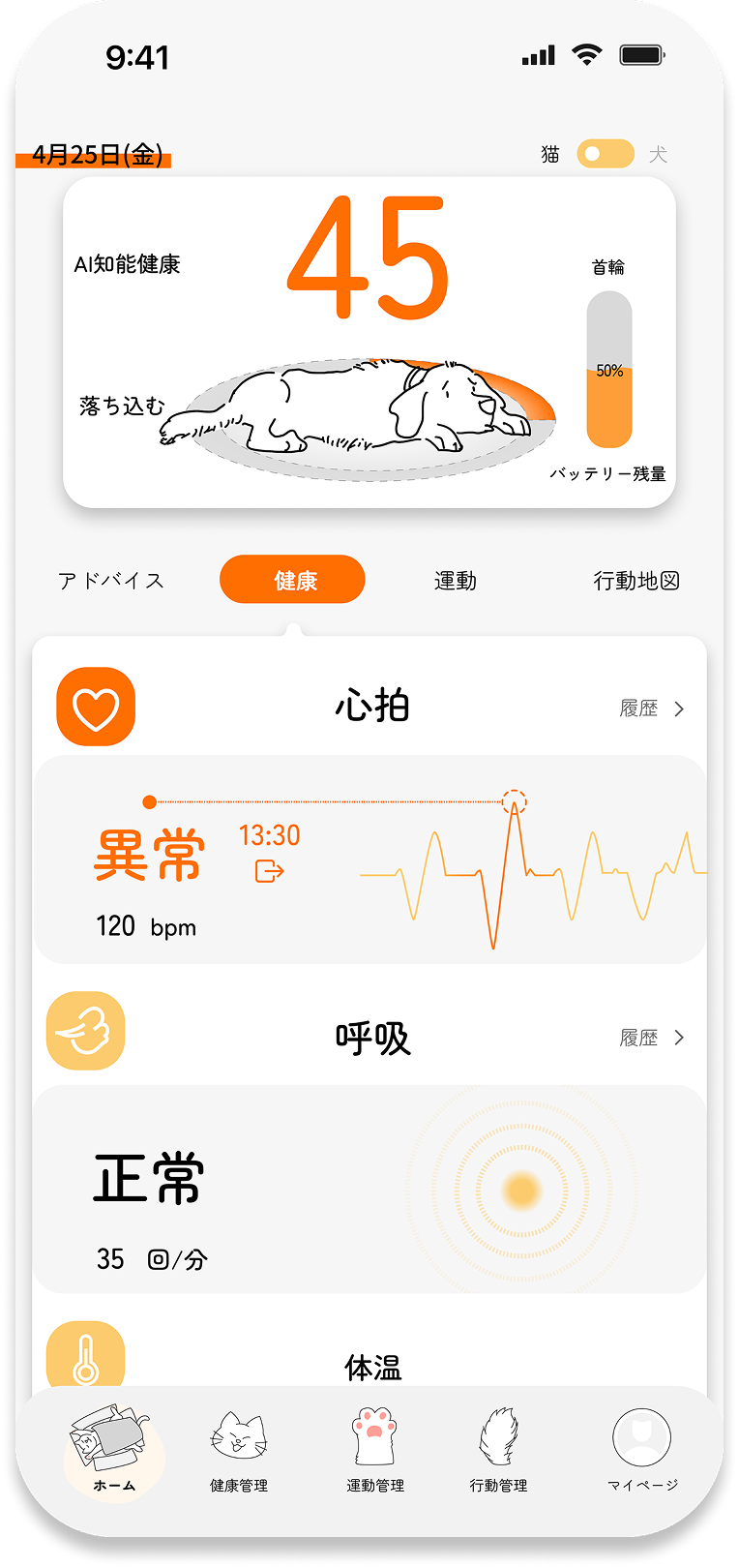 ホーム — 健康スコア45・異常アラート