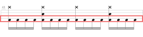 バスドラムの16分音符が続く小節